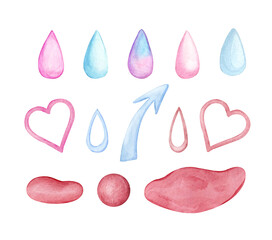 Menstrual period. Blood drops, pms, breathable pads, arrow, icons for design and navigation. Pads for every day. Watercolor hand drawn illustration
