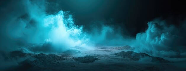 Obraz premium Enigmatic Blue Fog on Rugged Terrain at Night