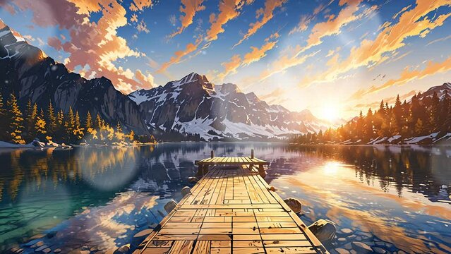 Anime video shows a wooden dock extending out into a calm lake on a bright day. There are snow-capped mountains in the distance