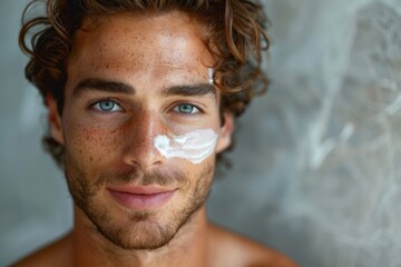 Man with white face cream on face