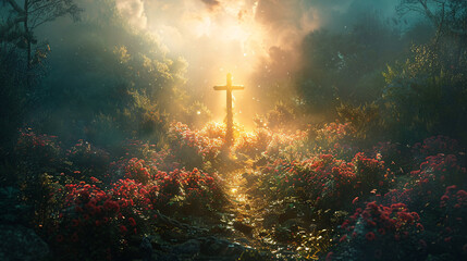 Conceptual art of a divine garden with a cross at its center, symbolizing faith and the path to salvation