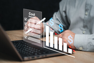Cost reduction, Cost control concept, Businessman use laptop check document online, Cost...