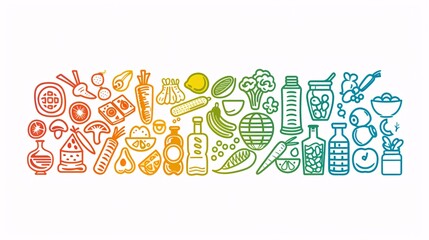 Obraz premium A 2D outline illustration of a balanced diet chart with different food groups, including sections for proteins, grains, vegetables, fruits, and dairy, each represented by icons