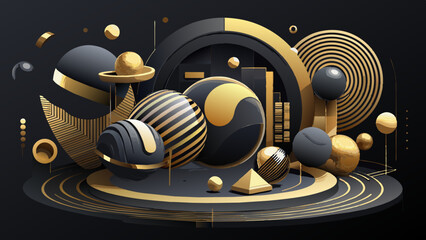Abstract Golden Geometric Shapes on a Dark Background