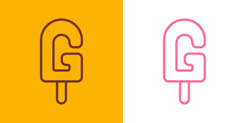 Logo popsicle. Silueta con líneas de helado de paleta sabor fresa y chocolate con forma de letra inicial G