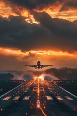 A jetliner takes off into the stormy sky, its lights illuminating the runway.