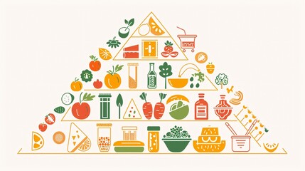 Fototapeta premium A detailed 2D outline illustration of a balanced diet pyramid, with different levels representing grains, proteins, vegetables, fruits, and fats, each with corresponding food icons