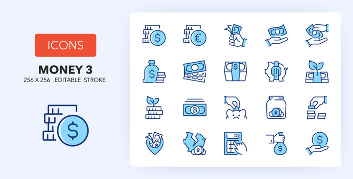 Line icons about money. Contains such icons as savings, accounting, payment and more. 256x256 Pixel Perfect editable in two colors. Set 1 of 3