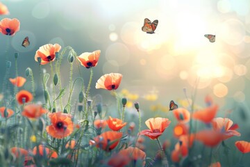 Fototapeta premium Butterfly hovers over orange flowers in field