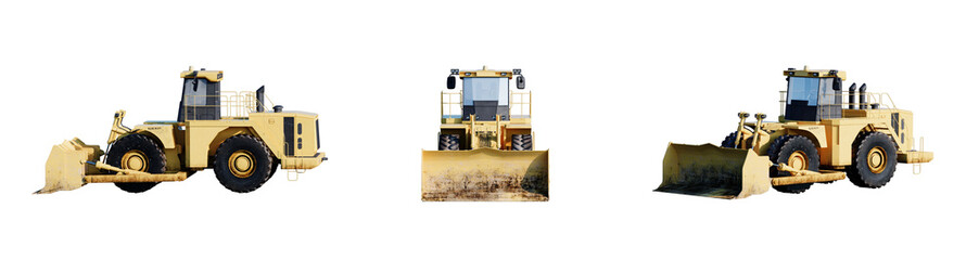 Set of Powerful yellow hydraulic wheel bulldozer isolated on Transparent . 3D illustration