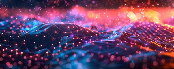 Obraz premium geometric shapes and structures in colorful neon colors and lights in cyberspace against dark background