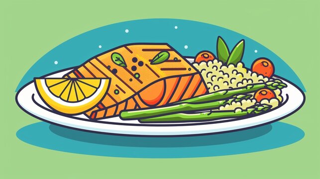 salmon dish with lemon and vegetables clip art preview