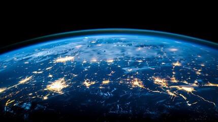 Fototapeta premium From space at night, Earth's cities appear as bright points in the dark expanse City lights are visible in the foreground, while a faint line of lights marks the far side of