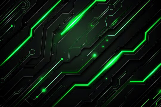 Futuristic green and black circuit board with glowing lines and dots, representing advanced technology and digital innovation.