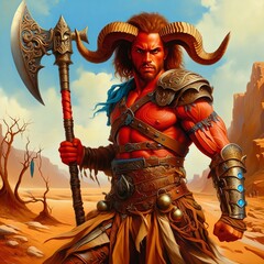 Fototapeta premium An aggressive demon with a battle axe in a desert. His horns add to his menacing appearance. His eyes burn with intense determination and fury, ready to strike. Demon. Devil. Generative AI
