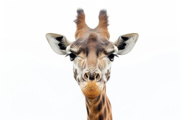 Fototapeta premium Mystic portrait of Northern Giraffe, copy space on right side, Anger, Menacing, Headshot, Close-up View Isolated on white background