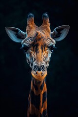 Obraz premium Mystic portrait of Northern Giraffe, copy space on right side, Anger, Menacing, Headshot, Close-up View Isolated on black background