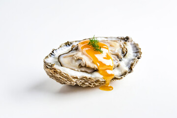 Naklejka premium Fresh oyster with yellow sauce on white background