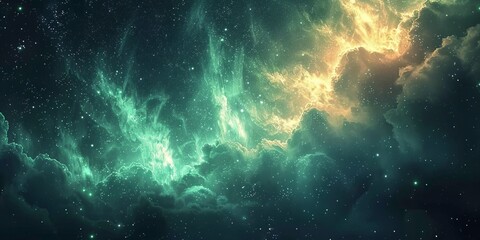 Magical Sky with Aurora and Stars. Green Northern Lights Background with copy-space.