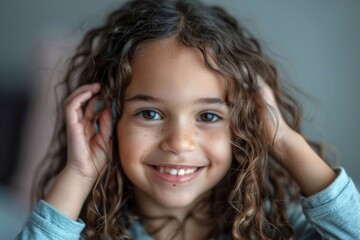 Fototapeta premium Curly haired girl smiling holding head