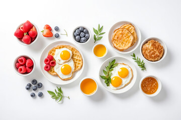 Breakfast with waffles, eggs, berries, and honey
