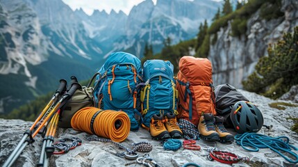 Close up of hiking gear laid out on a rocky mountainside