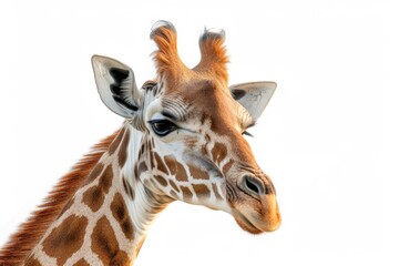 Obraz premium Mystic portrait of Reticulated Giraffe, copy space on right side, Anger, Menacing, Headshot, Close-up View Isolated on white background