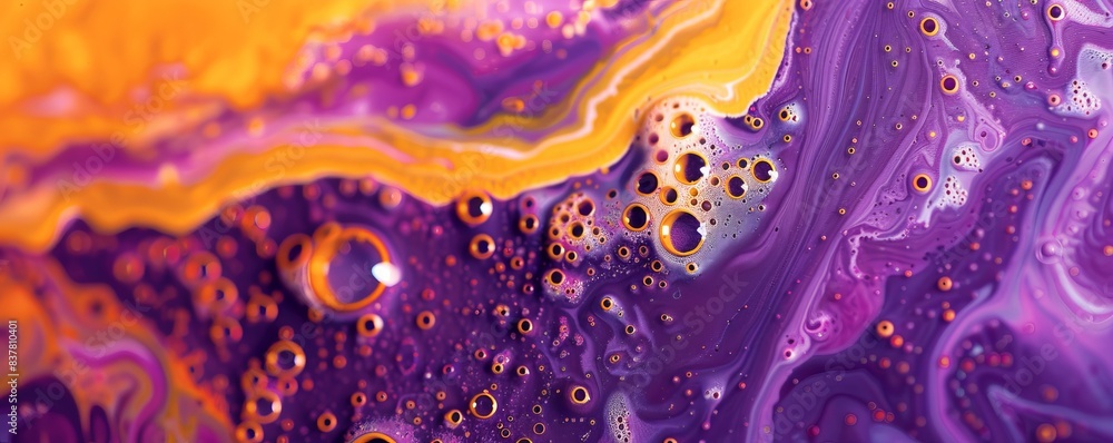 Aufkleber purple and yellow soap bubbles in paint create an abstract design suitable for a colorful background
