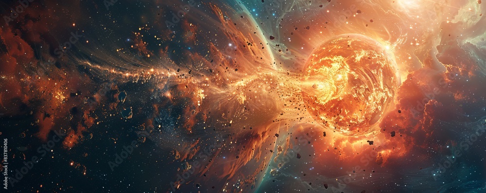 Poster a large planet in the universe is destroyed. an explosion from the inside out as a man watches from 