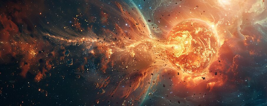 A large planet in the universe is destroyed. An explosion from the inside out as a man watches from the galaxy.