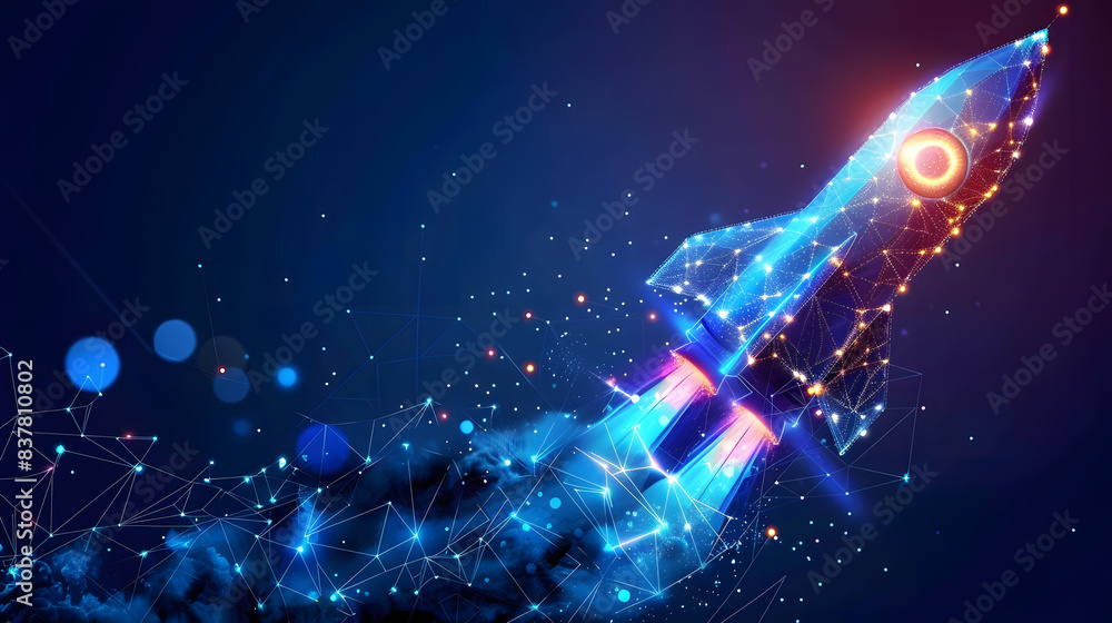 Poster blue glowing light bulb rocket launch with a wireframe light connection structure. low poly style de