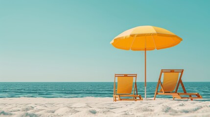  Two beach chairs and an umbrella on a sandy beach, with the ocean as the backdrop and a bright blue sky overhead, signify a sunny day