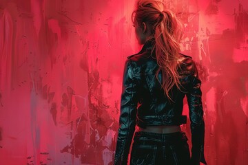 Woman in a leather jacket with long hair in ponytail stands in front of a red background, looking away, creating a moody atmosphere.