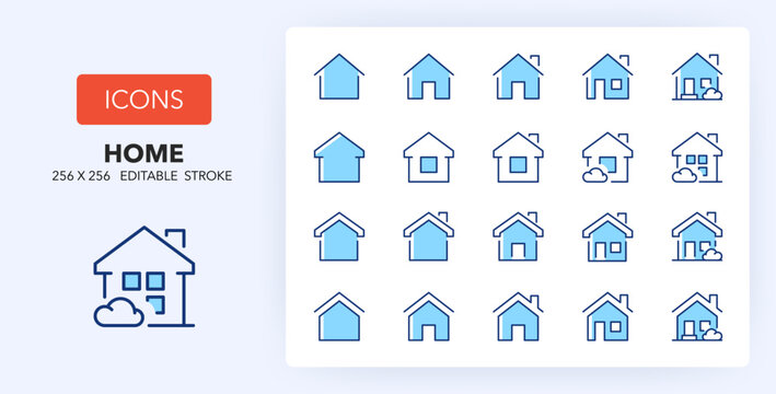 Line icons about house models. 256x256 Pixel Perfect editable in two colors