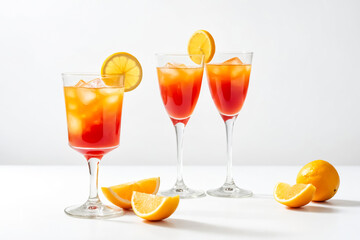 Three glasses of orange juice with lemon wedges on a white background