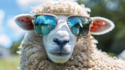 Obraz premium Cheerful sheep wearing sunglasses celebrating eid al-adha on a sunny day
