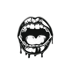 Closeup illustration open mouth liquid dripping lower lip. Black white design showing tongue, teeth, detailed mouth shading. Graphic art human suitable fashion music industry use