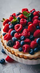A delectable pie covered with a variety of berries, including blueberries, placed on a table