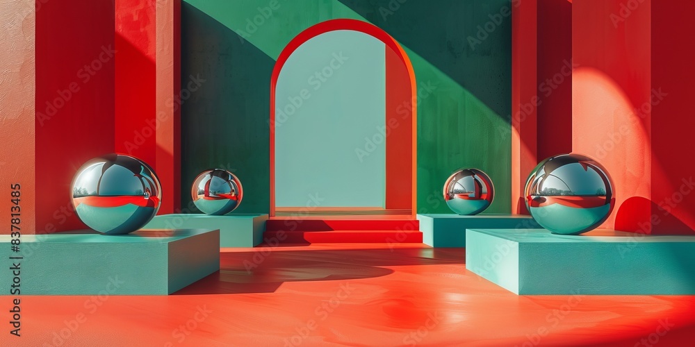 Poster illustration of colorful geometric shapes of smooth and shiny spheres on steps of square platforms a