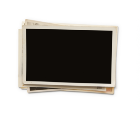 Stack of old photos isolated on transparent background, png file. Clipping path for the inside of the photo included