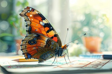 Vibrant Butterfly on Artistic Sketchbook in Sunlit Garden Setting