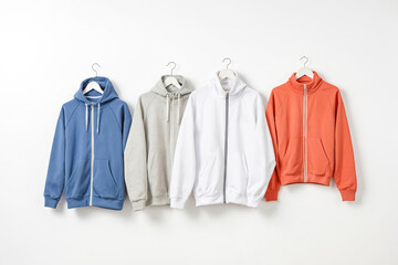 Four Hoodies Hanging on Hangers Against a White Background