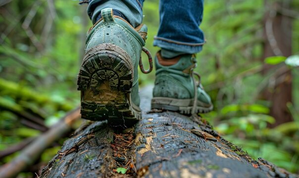 Closeup of green hiking shoes and rolled up blue jeans walking away on a log in the woods