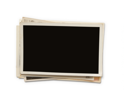 Stack of old photos isolated on transparent background, png file. Clipping path for the inside of the photo included