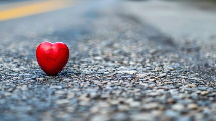 Fototapeta premium A red heart atop a gravel road, flanked by a yellow line on each side Yellow lines also in the background