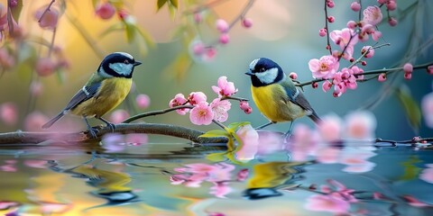 Fototapeta premium A great tit perches delicately on a blossoming branch over calm water, its reflection mirroring its pose