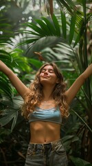 Obraz premium Girl standing with arms outstretched amidst plants