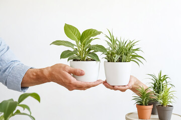 Two hands holding two potted plants