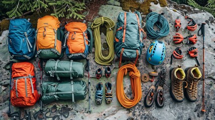 A collection of essential hiking gear, including backpacks, trekking poles, and climbing ropes