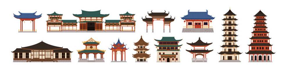 Naklejka premium Chinese buildings set. Traditional Asian architecture. Pagoda, ancient temple, palace, house in oriental style. Historical structures in China. Flat vector illustration isolated on white background